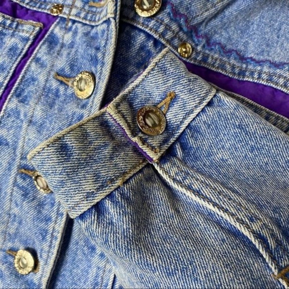 Vintage Ethics Jean Jacket Embroidered Cropped Pearl Button  Purple Details S - Picture 10 of 12